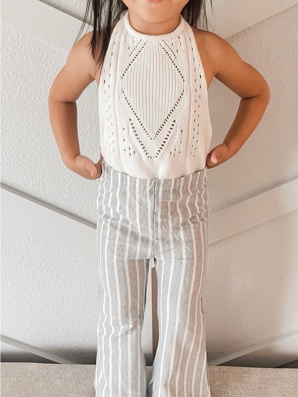 Girls' Cream Knit Halter Top and Gray Stripe flare Pants Set